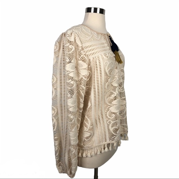 MISA Ivory Cream Lace Boho Pheasant Tassel Blouse Top - Picture 3 of 6